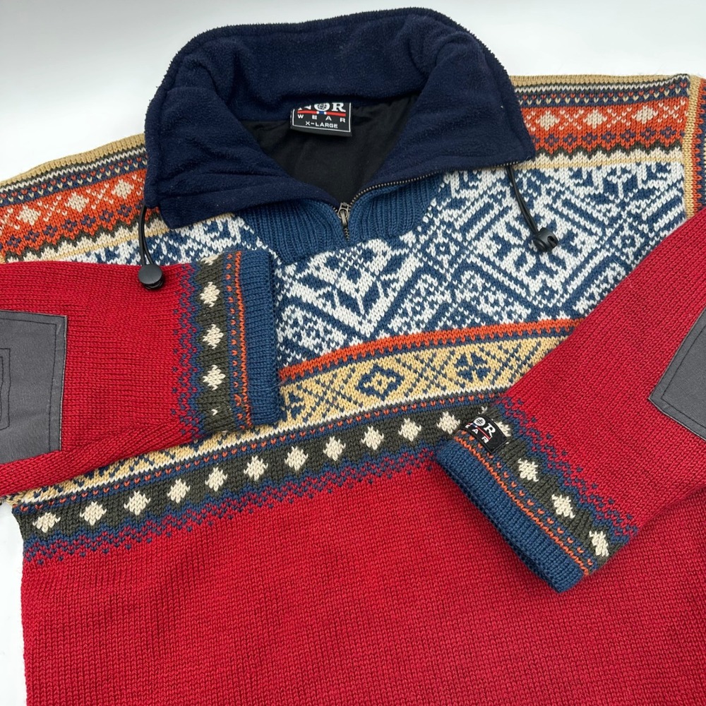Norwear Men XL Pure New Wool Nordic Fair Isle Quarter Zip Sweater Red Blue Lined